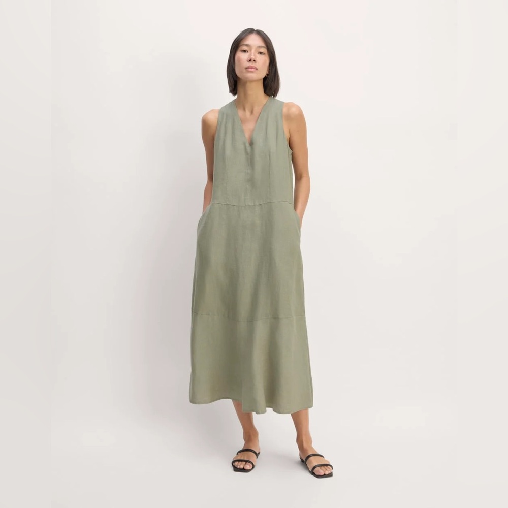 NWT EVERLANE The Linen V-Neck Midi Dress SAGE GREEN Sz M